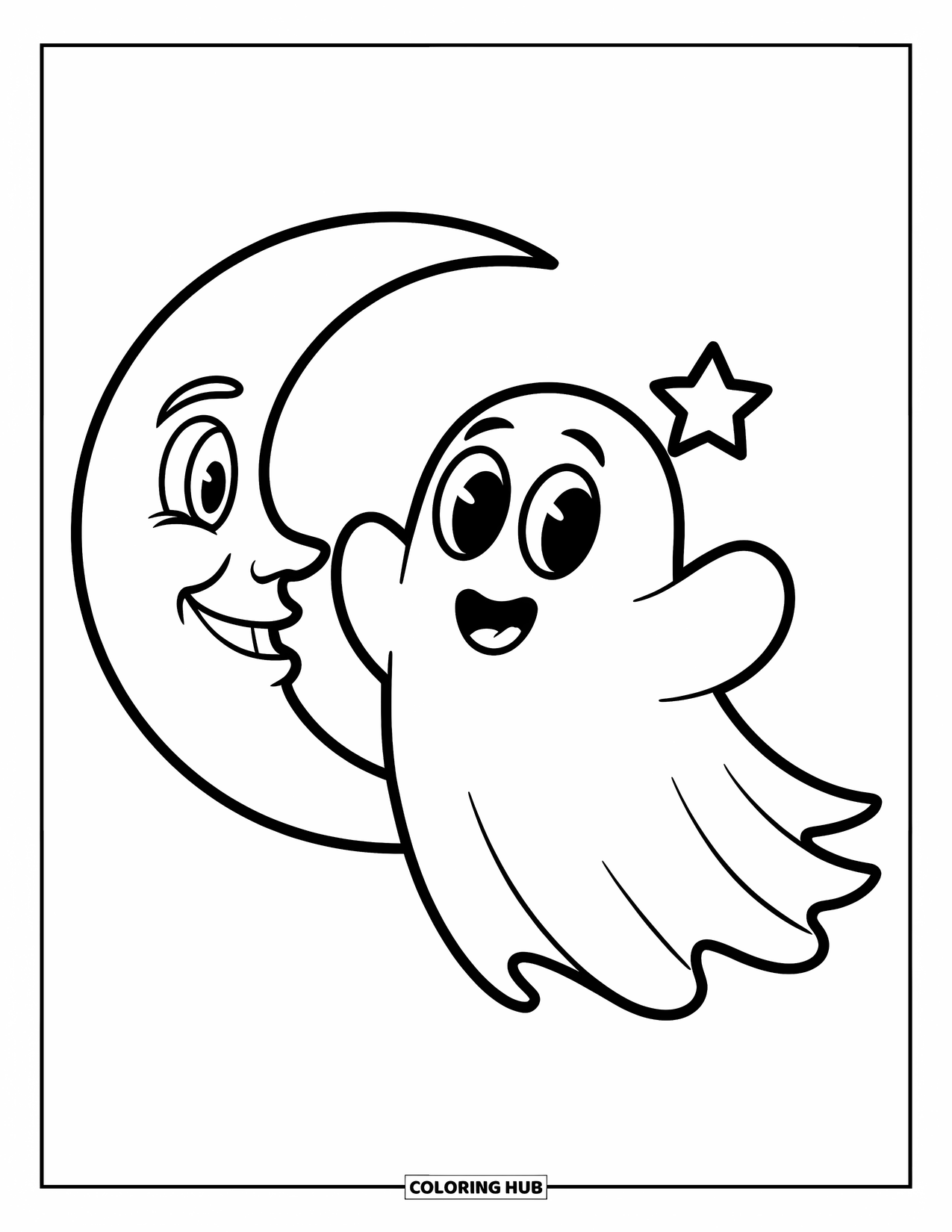 October Coloring Page for Kids: A friendly ghost floats beside a smiling moon with a star nearby