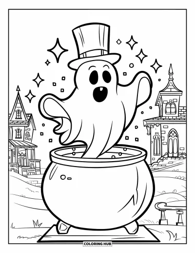 Coloriage d'octobre pour enfants : Un fantôme coiffé d'un haut-de-forme s'élève d'un chaudron bouillonnant