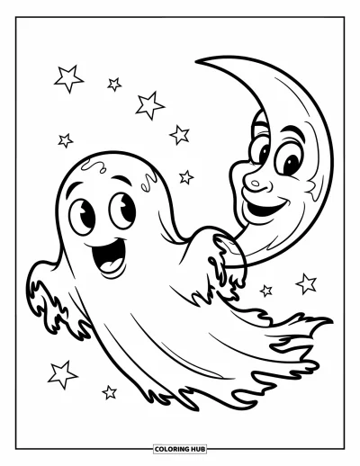 Coloriage d'octobre pour enfants : Un fantôme aux grands yeux flotte près d'une lune souriante et d'étoiles scintillantes