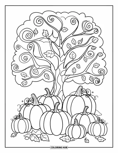 Coloriage d'octobre pour enfants : Un groupe de citrouilles sous un grand arbre d'automne avec des feuilles tourbillonnantes