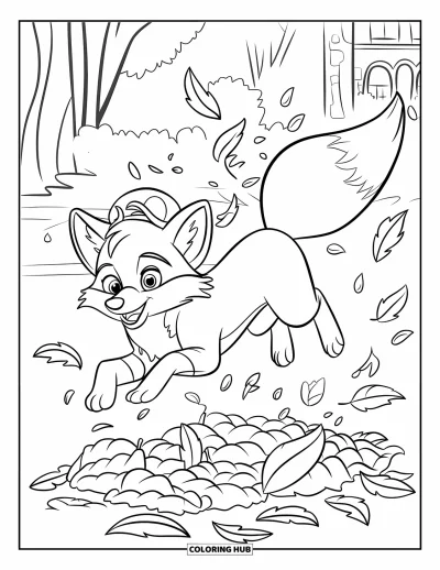 Coloriage d'octobre pour enfants : Un renard heureux coiffé d'un chapeau saute dans un tas de feuilles croustillantes