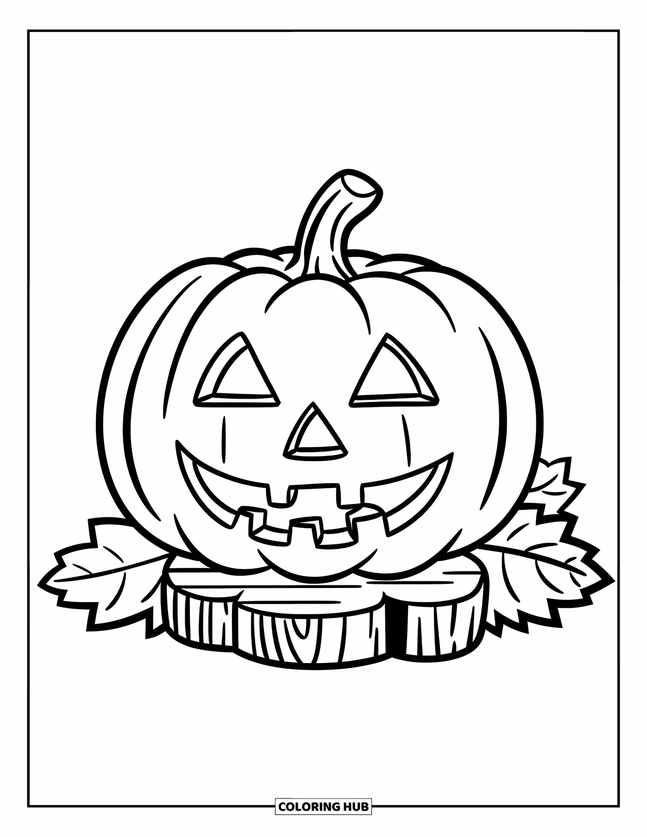 October Coloring Page for Kids: A happy jack-o'-lantern with triangle eyes and scattered fall leaves
