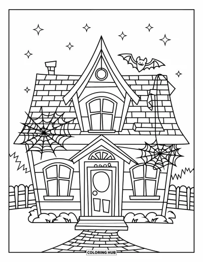 Coloriage d'octobre pour enfants : Une maison hantée avec une chauve-souris et une toile d'araignée sous un ciel étoilé