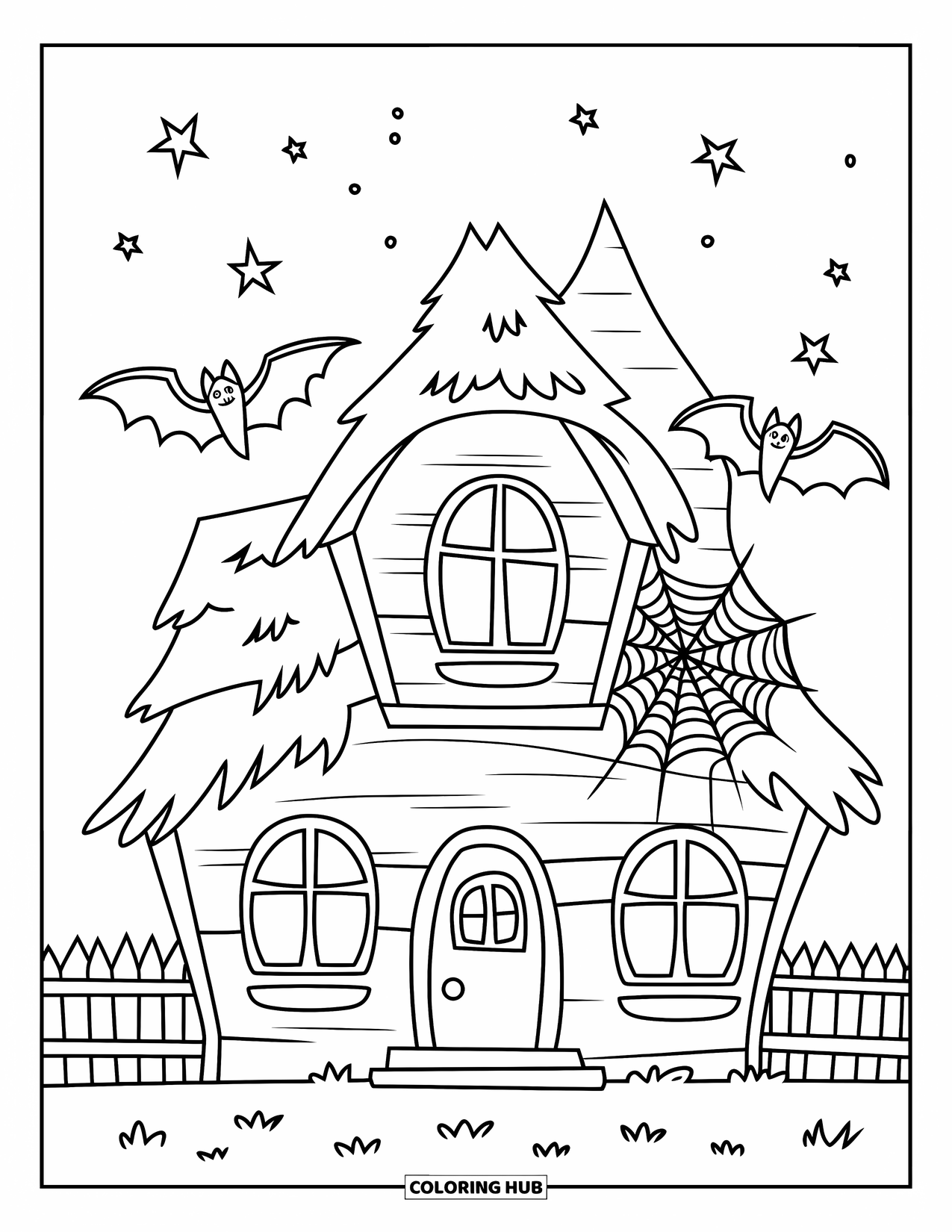 October Coloring Page for Kids: A haunted house with stars, a web, and a bat flying nearby