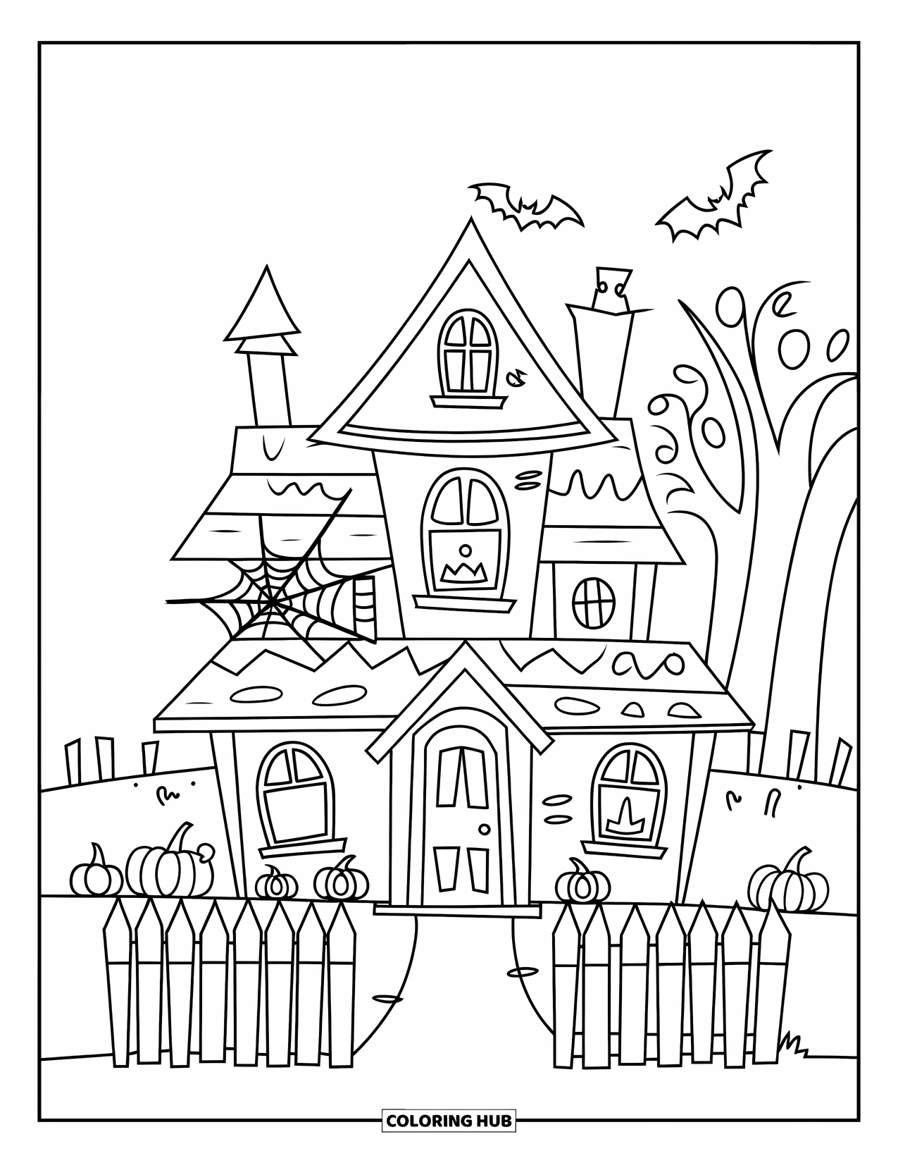 October Coloring Page for Kids: A haunted house with three windows, a spider web, and a flying bat
