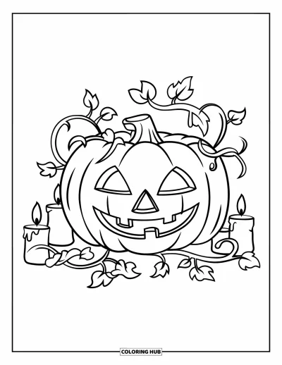 Coloriage d'octobre pour enfants : Une citrouille-lanterne entourée de lianes, de feuilles et de bougies lumineuses