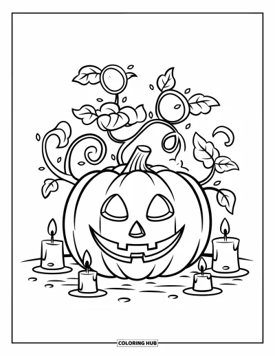 Coloriage d'octobre pour enfants : Une citrouille-lanterne avec des lianes fleuries et de petites bougies autour d'elle