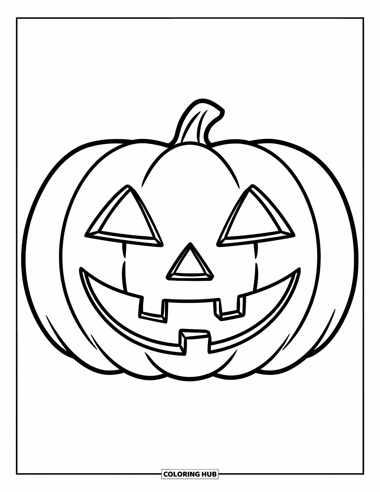 October Coloring Page for Kids: A jack-o'-lantern with triangle eyes and swirling leaves floating nearby