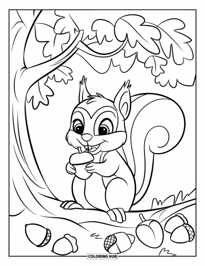 Coloriage d'octobre pour enfants : Un petit écureuil tenant un gland sous un arbre aux grandes feuilles