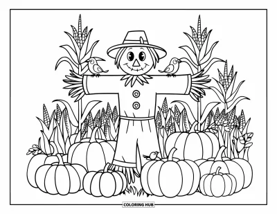 Coloriage d'octobre pour enfants : Un épouvantail rapiécé avec des oiseaux et des citrouilles dans une scène champêtre d'automne