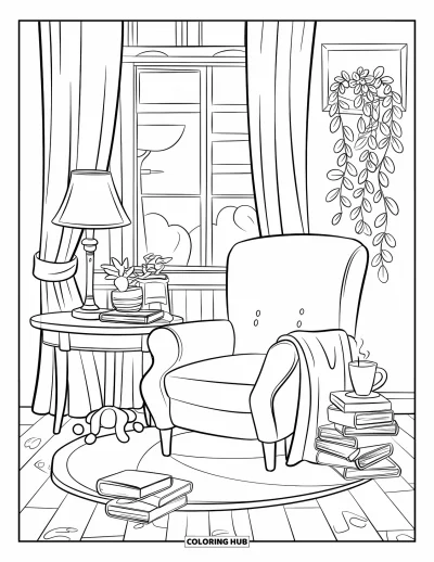 Coloriage d'octobre pour enfants : Un coin lecture paisible avec un siège confortable et une boisson chaude