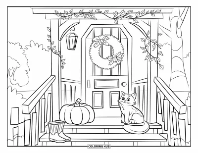 Coloriage d'octobre pour enfants : Un porche avec une citrouille, un chat et des bottes, éclairé par une lanterne