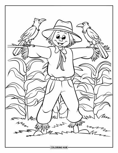 Coloriage d'octobre pour enfants : Un épouvantail dressé dans un champ de maïs avec deux corneilles perchées dessus