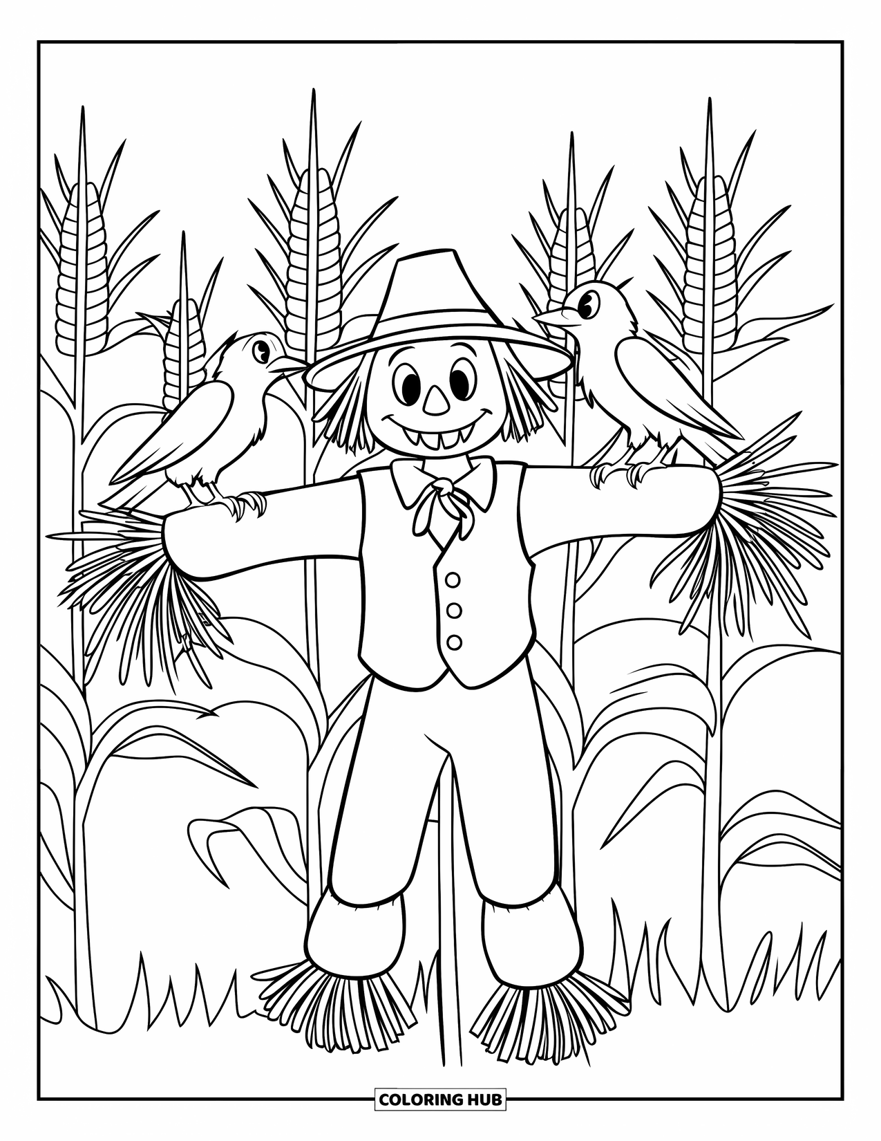 October Coloring Page for Kids: A scarecrow with straw arms and crows stands in a tall cornfield