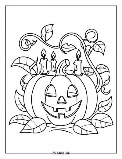 Coloriage d'octobre pour enfants : Une citrouille-lanterne souriante avec des lianes et trois bougies autour d'elle