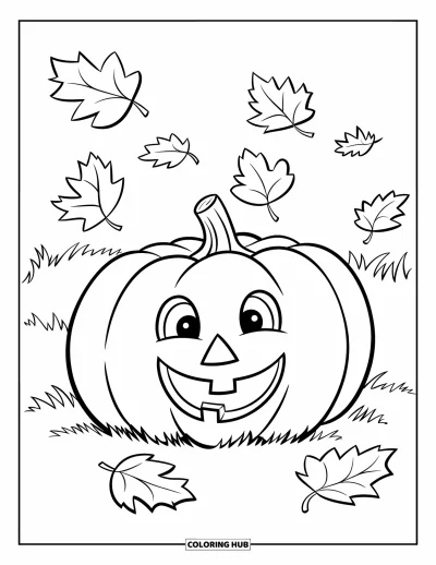 Coloriage d'octobre pour enfants : Une citrouille souriante entourée de feuilles qui tourbillonnent tout autour