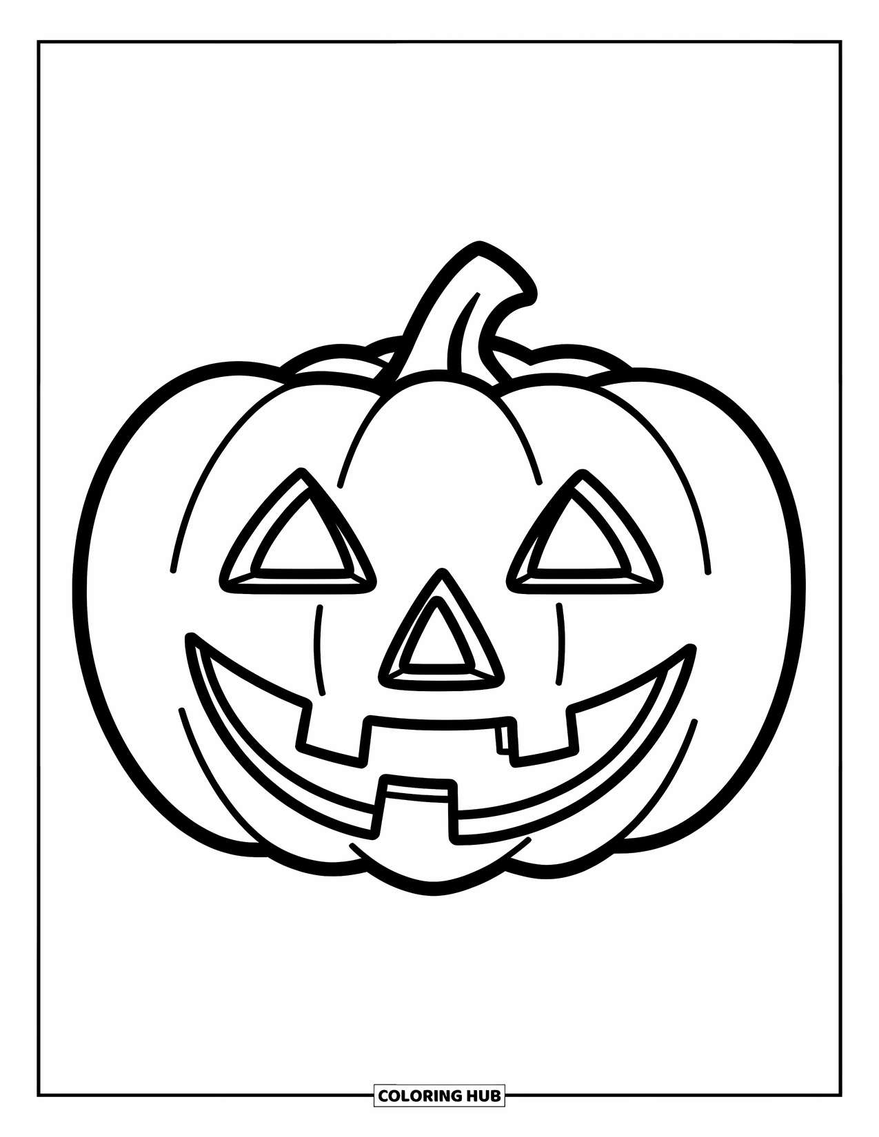 October Coloring Page for Kids: A smiling pumpkin with triangle eyes surrounded by gentle falling leaves