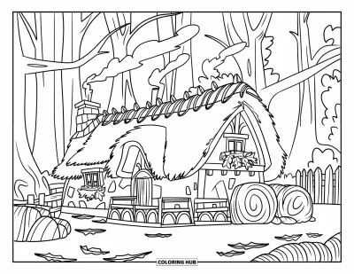 Coloriage d'octobre pour enfants : Une maison au toit de chaume avec des bottes de foin et des feuilles tombées près de grands arbres