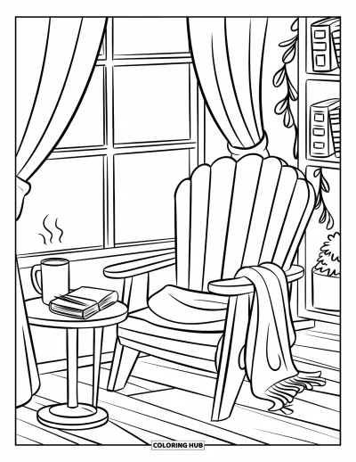 Coloriage d'octobre pour enfants : Un coin douillet près de la fenêtre rempli de livres et d'une tasse fumante