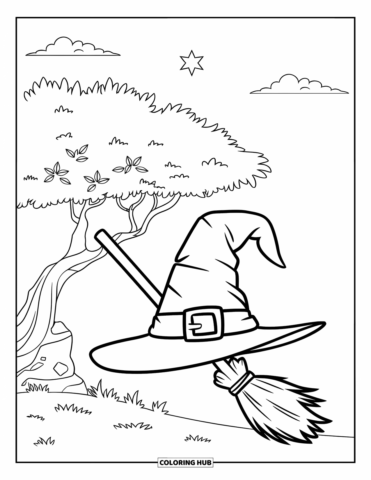 October Coloring Page for Kids: A witch hat and broom beside a tree under a starry sky