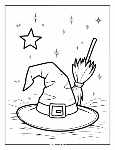 Coloriage d'octobre pour enfants : Un chapeau de sorcière et un balai reposent sous une étoile solitaire