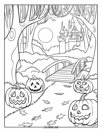 Coloriage d'octobre pour enfants : Un pont en bois sur un chemin couvert de feuilles avec des citrouilles-lanternes et un château au loin