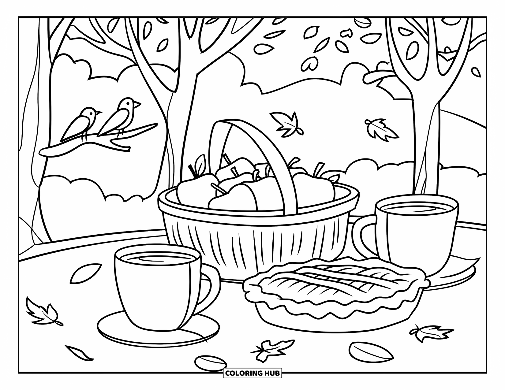 October Coloring Page for Kids: Apples, pie, and cocoa set up for a picnic among trees and chirping birds