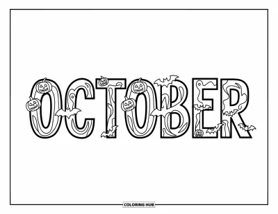 Coloriage d'octobre pour enfants : Des chauves-souris, des citrouilles et des fantômes dansent à travers les lettres d'octobre