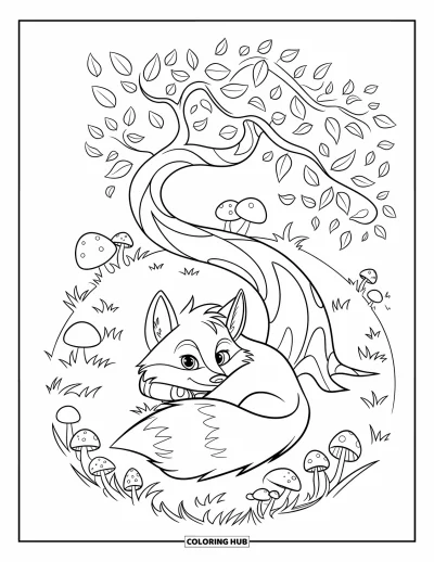 Coloriage d'octobre pour enfants : Un renard lové se repose sous un arbre tourbillonnant entouré de feuilles et de champignons