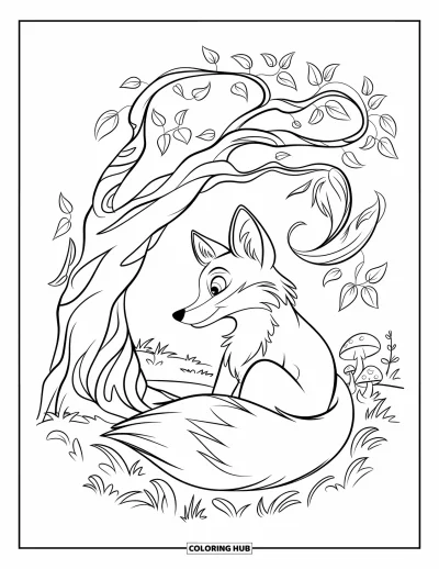 Coloriage d'octobre pour enfants : Un renard duveteux se blottit sous un arbre couvert de champignons avec des feuilles virevoltantes