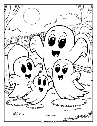 Coloriage d'octobre pour enfants : Des fantômes qui jouent près de pierres tombales sous un ciel baigné de clair de lune