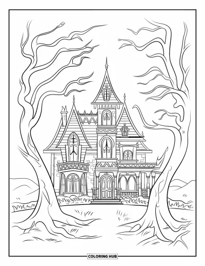 Coloriage d'octobre pour enfants : Un manoir hanté gothique se dresse parmi des feuilles tourbillonnantes et des arbres grinçants
