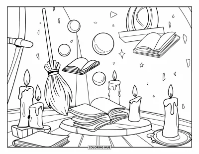 Coloriage d'octobre pour enfants : Dans la chambre de la sorcière — bougies, boules de cristal, livres et un beau coin balai