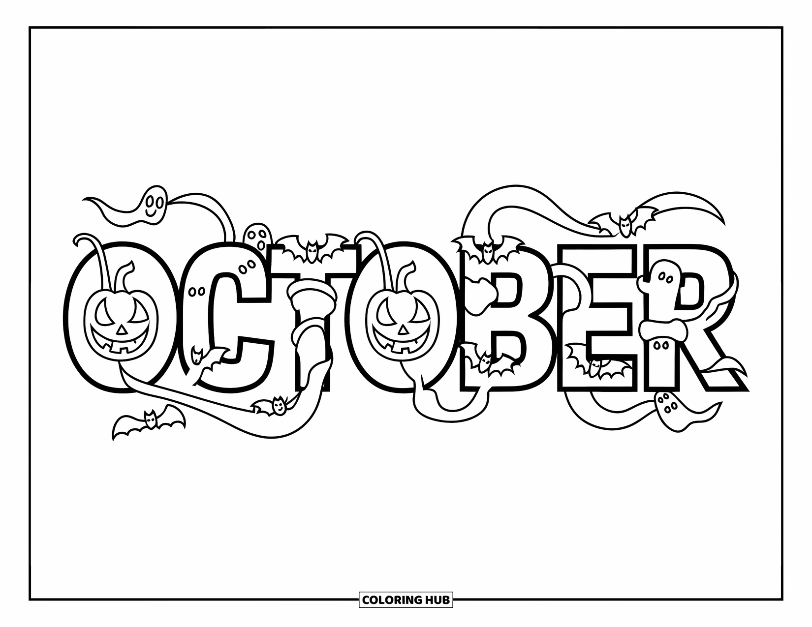 October Coloring Page for Kids: Jack-o'-lanterns and ghostly wisps curl around the spooky October lettering