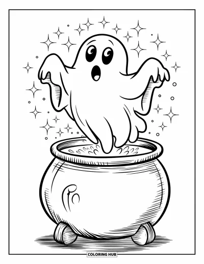 Coloriage d'octobre pour enfants : Un fantôme magique s'élève d'un chaudron prêt à faire peur