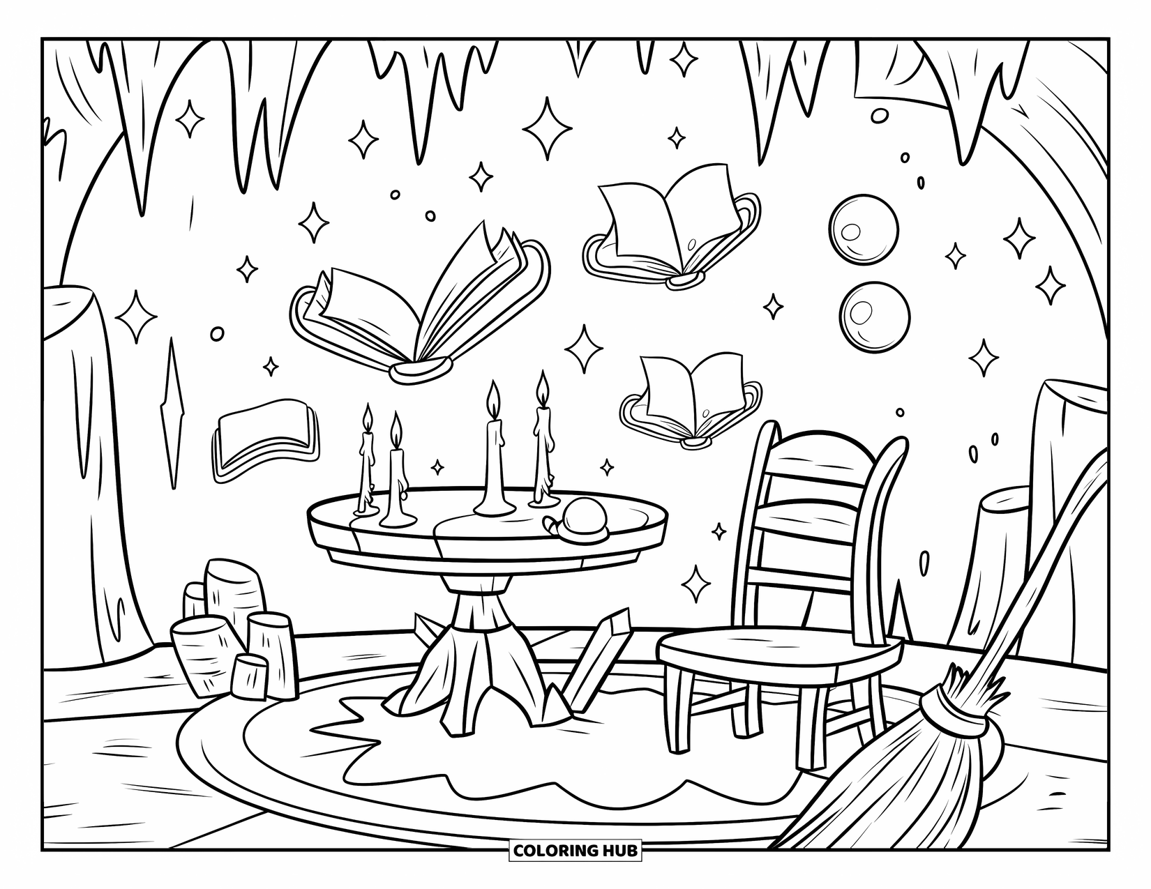 October Coloring Page for Kids: Magical witch's cave with glowing candles, books, and floating furniture