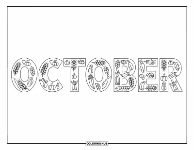 Coloriage d'octobre pour enfants : Les lettres d'octobre ornées de petits épis de blé, de courges, de tiges de maïs et d'épouvantails