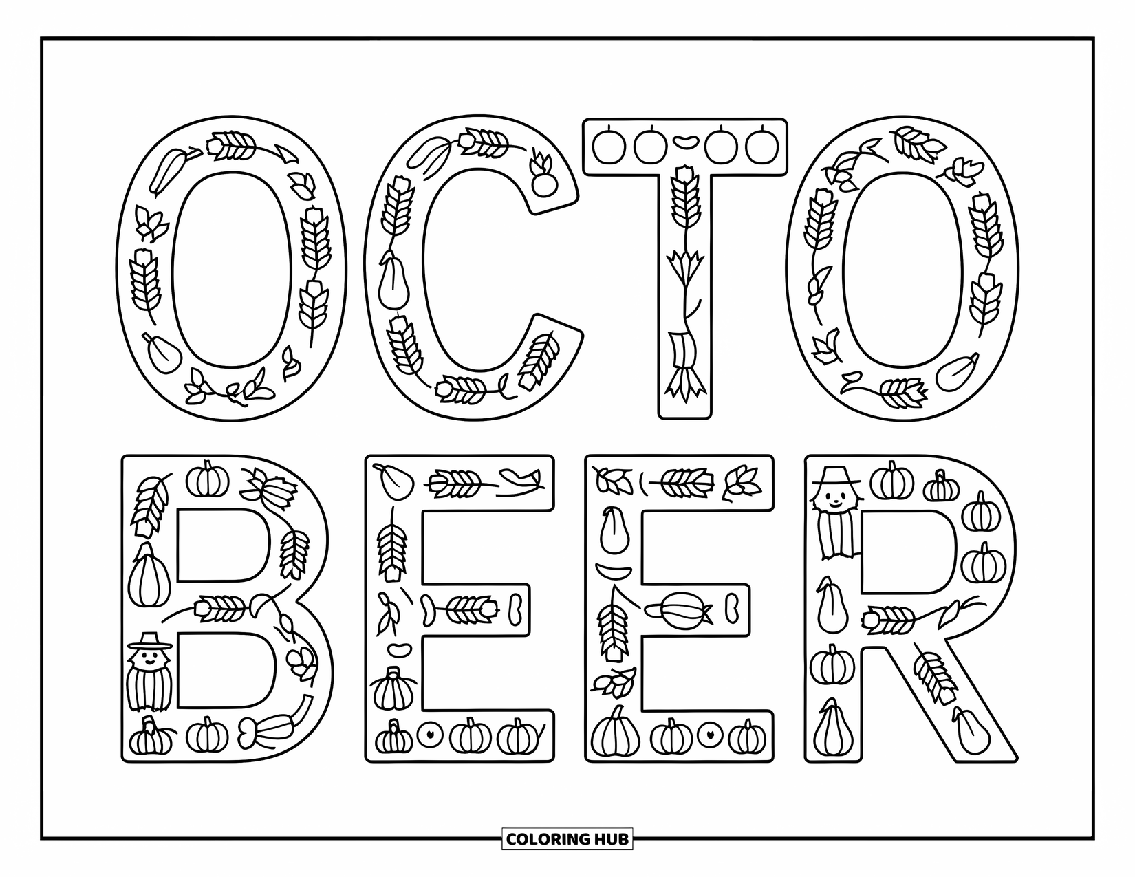 October Coloring Page for Kids: October spelled out with harvest icons woven through each bold letter