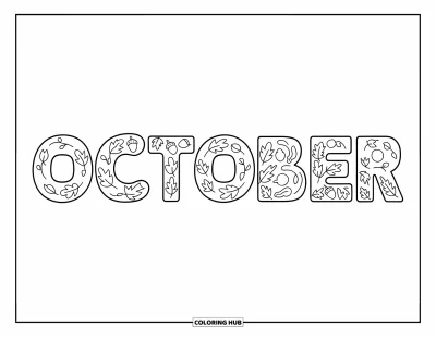 Coloriage d'octobre pour enfants : Les lettres d'octobre ornées de feuilles d'automne tourbillonnantes, de glands et de petites branches