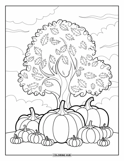 Coloriage d'octobre pour enfants : Des citrouilles de toutes tailles sous un arbre avec des feuilles d'automne tourbillonnantes
