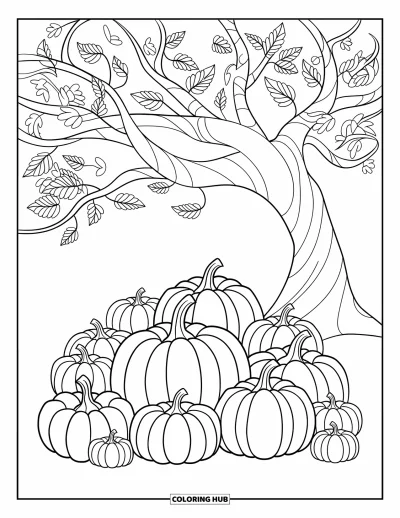 Coloriage d'octobre pour enfants : Des citrouilles reposent sous un arbre d'automne tourbillonnant avec des feuilles qui tombent