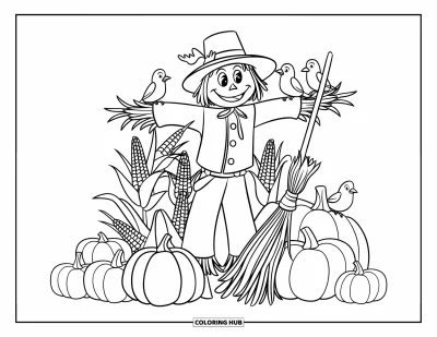 Coloriage d'octobre pour enfants : Un épouvantail avec un balai et des citrouilles accueille la saison d'automne