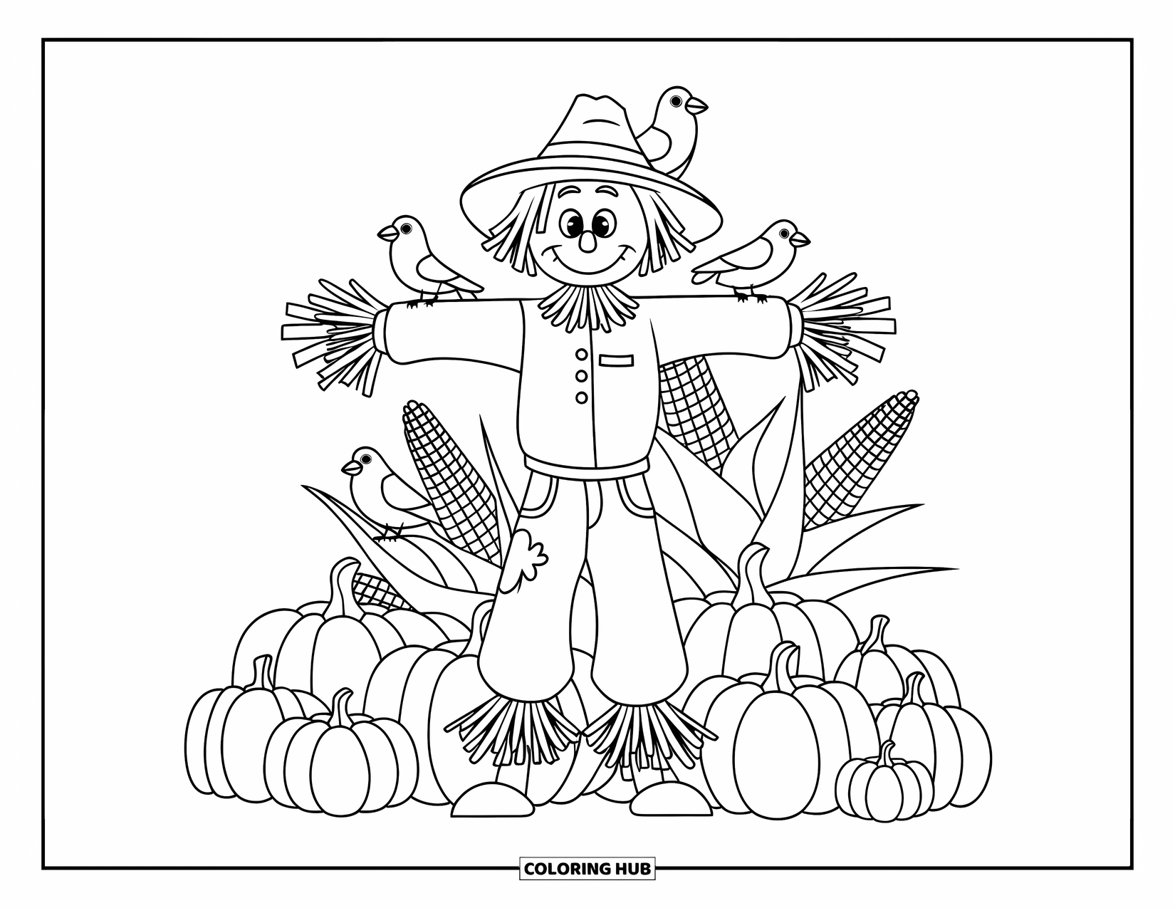 October Coloring Page for Kids: Smiling scarecrow surrounded by pumpkins, cornstalks, and curious little birds