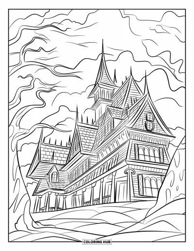 Coloriage d'octobre pour enfants : Un grand manoir hanté se dresse parmi des arbres courbés et des nuages menaçants