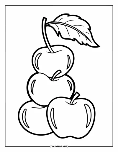 Coloriage d'octobre pour enfants : Trois pommes de différentes tailles avec une feuille flottant au-dessus