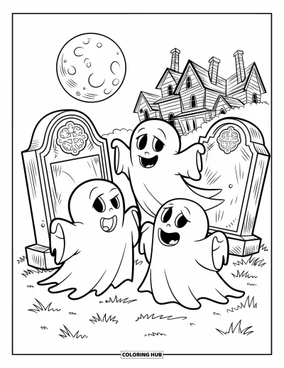 Coloriage d'octobre pour enfants : Trois fantômes espiègles errent près de pierres tombales sous la pleine lune