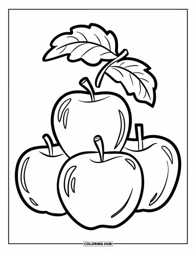 Coloriage d'octobre pour enfants : Trois pommes rondes empilées avec une seule feuille au-dessus