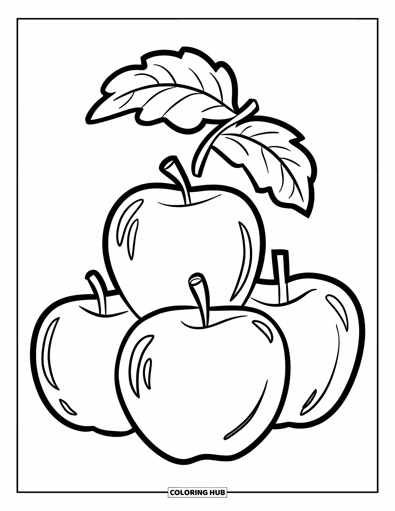 October Coloring Page for Kids: Three round apples stacked with a single leaf above them