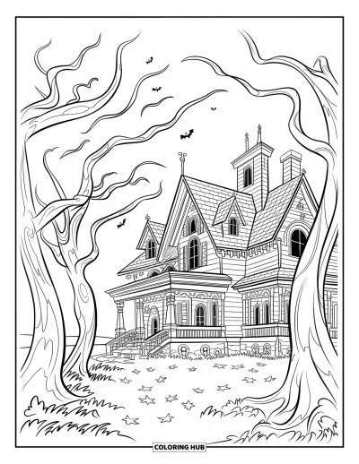 Coloriage d'octobre pour enfants : Le vent souffle dans les arbres autour d'un manoir hanté inquiétant
