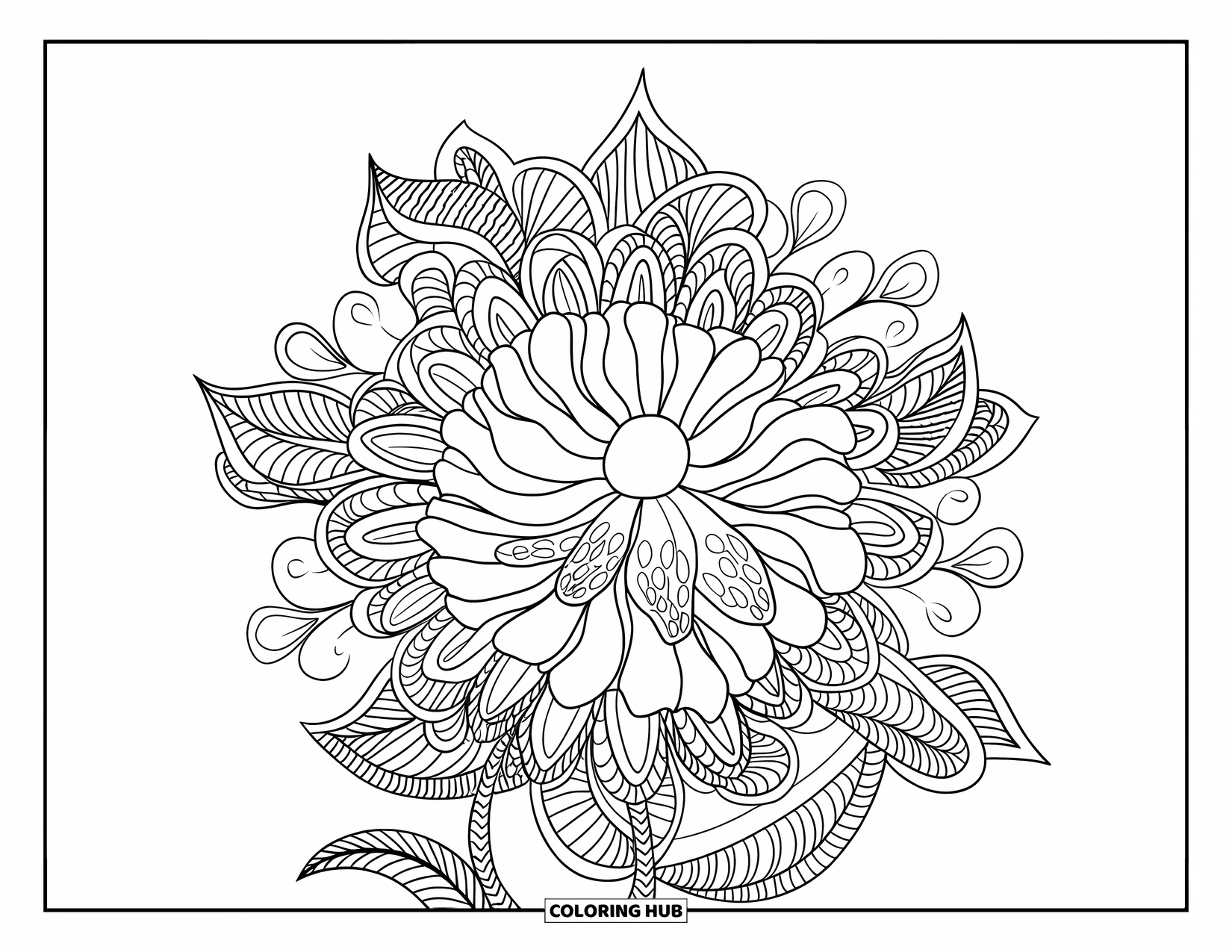 Orange Coloring Page for Adults: A blooming marigold sits at the center of a floral mandala